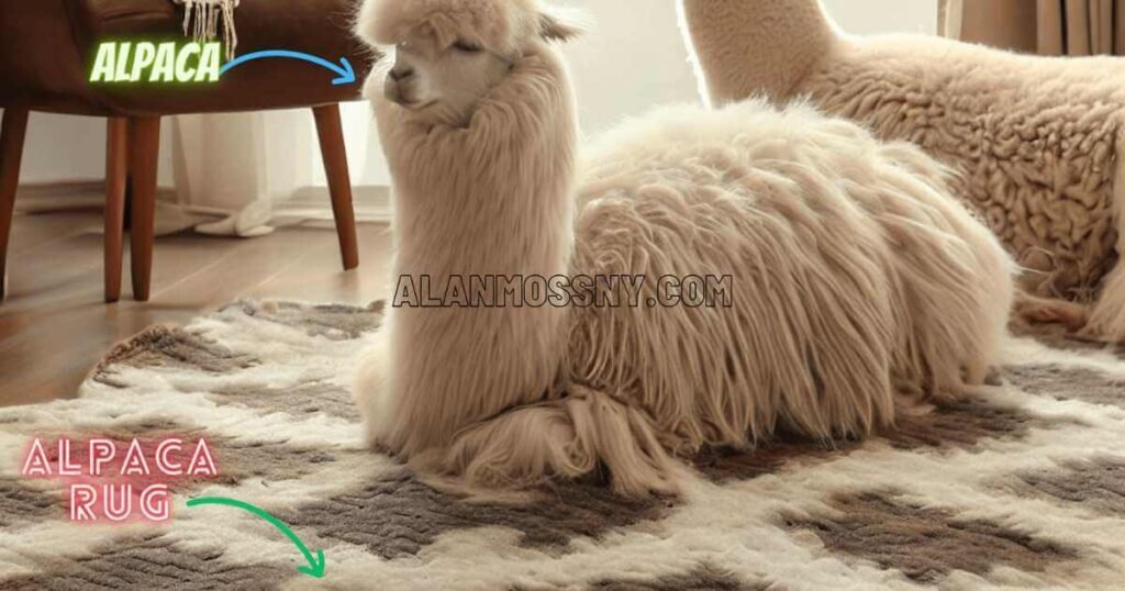 Alpaca setting on a alpaca rugs